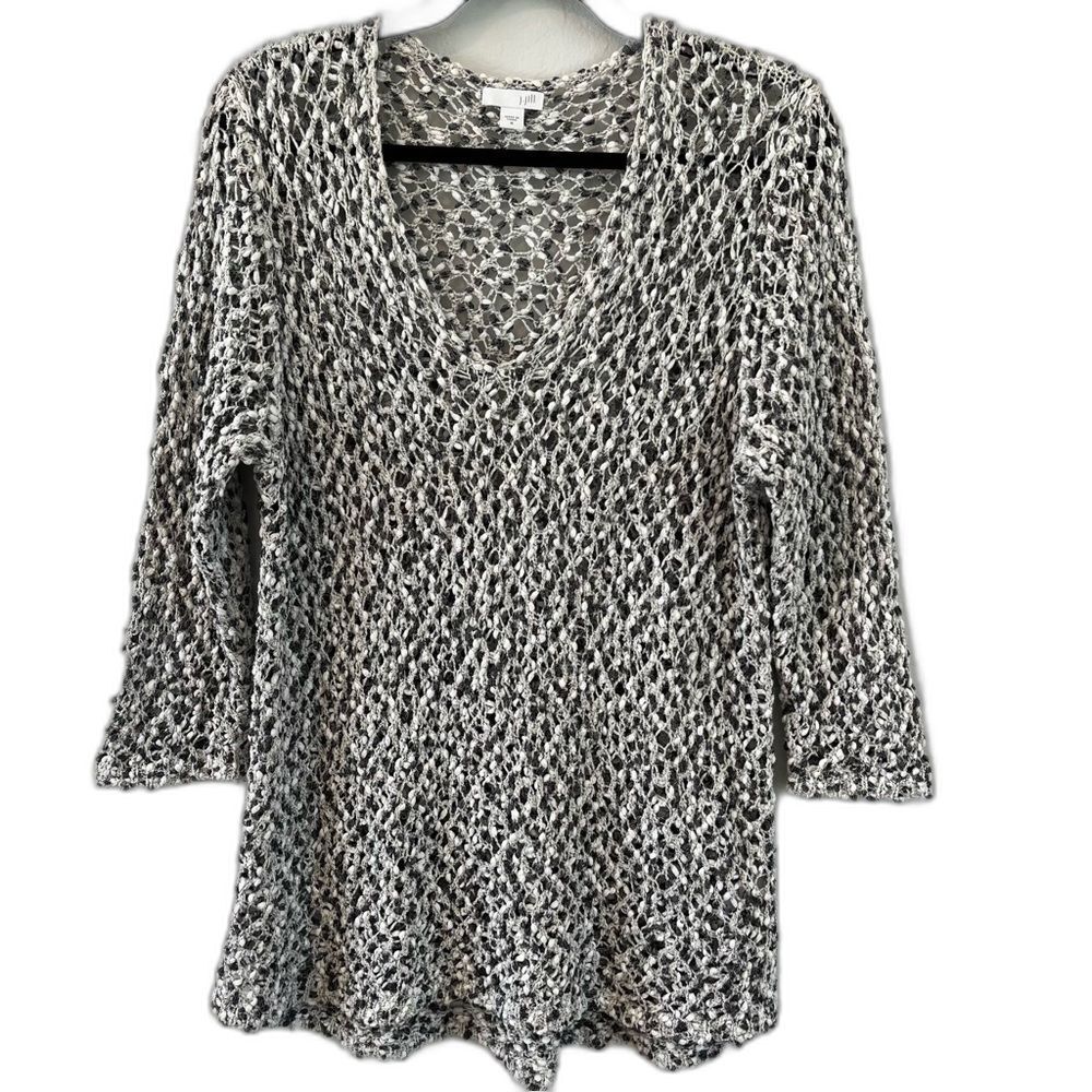 J.Jill Chunky Cotton Open Knit V-Neck Sweater Medium Boho Minimalist Marled